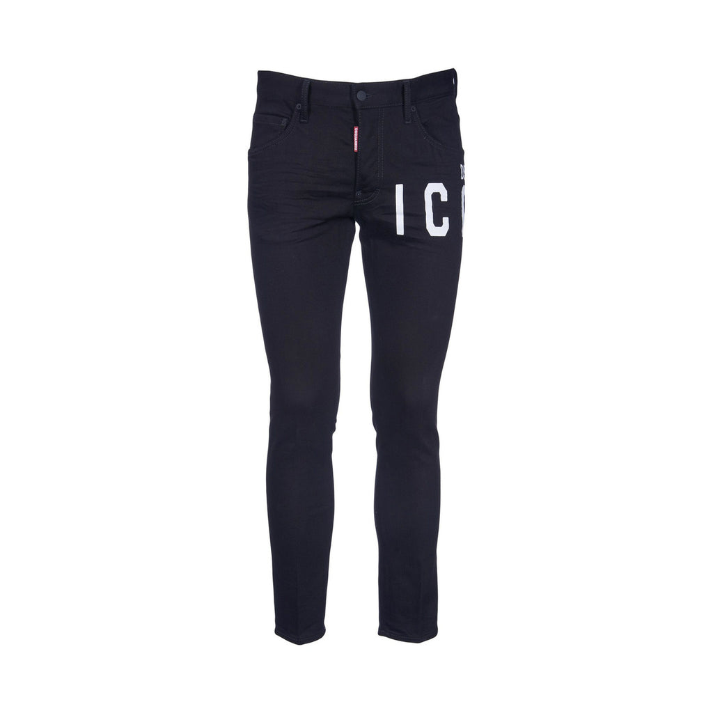 Front view of the black Dsquared jeans featuring a logo print and slim fit on a white background.