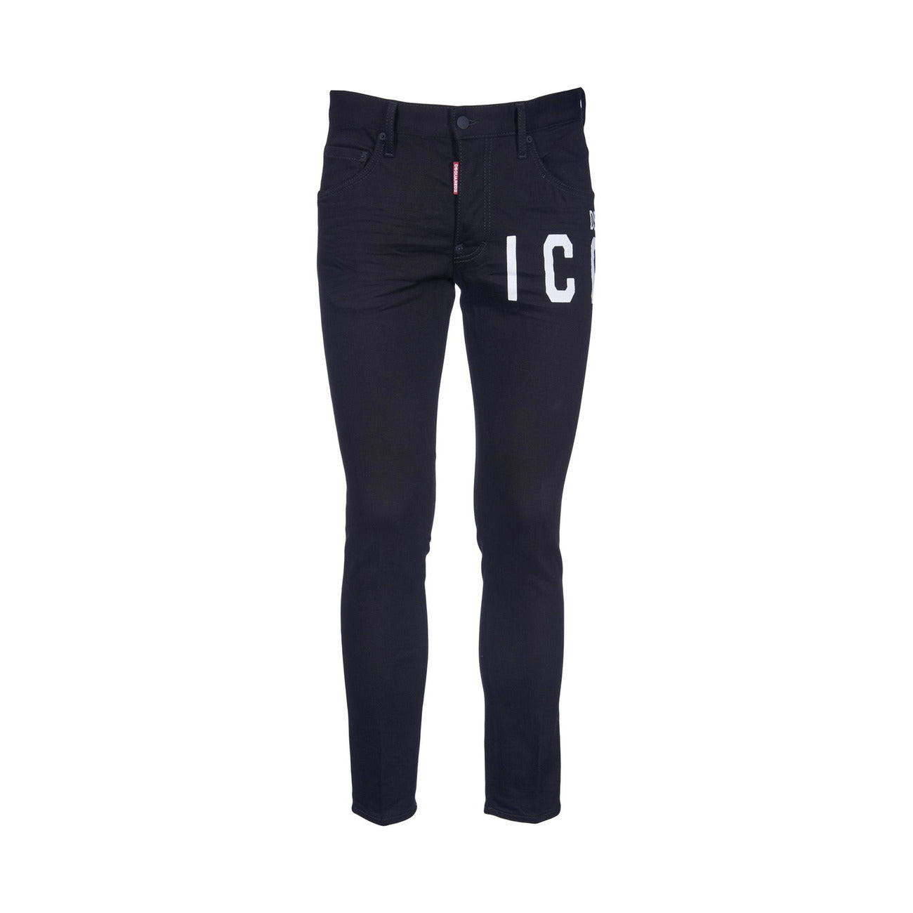 Front view of the black Dsquared jeans featuring a logo print and slim fit on a white background.