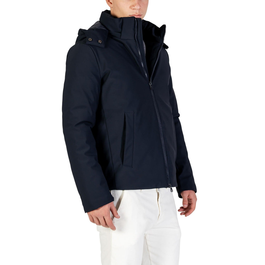 Side view of the navy Yos men's blazer highlighting the zipper closure and hood on a white background