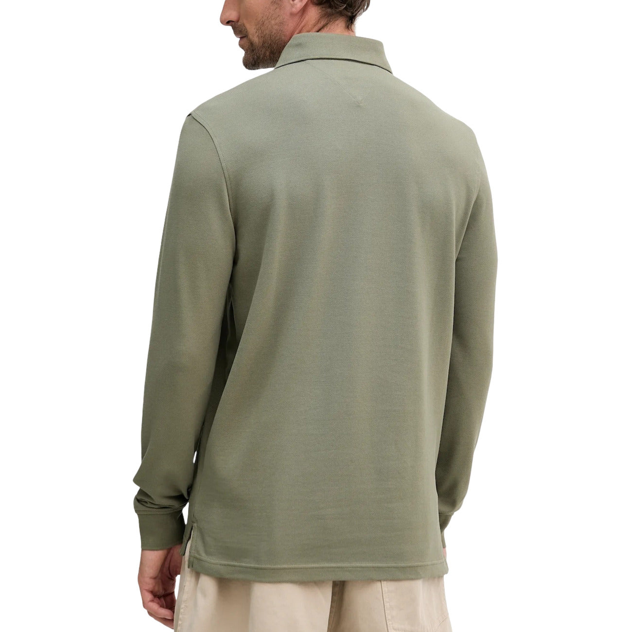 Back view of the green long-sleeve polo showcasing the collar and sleeves on a white background.