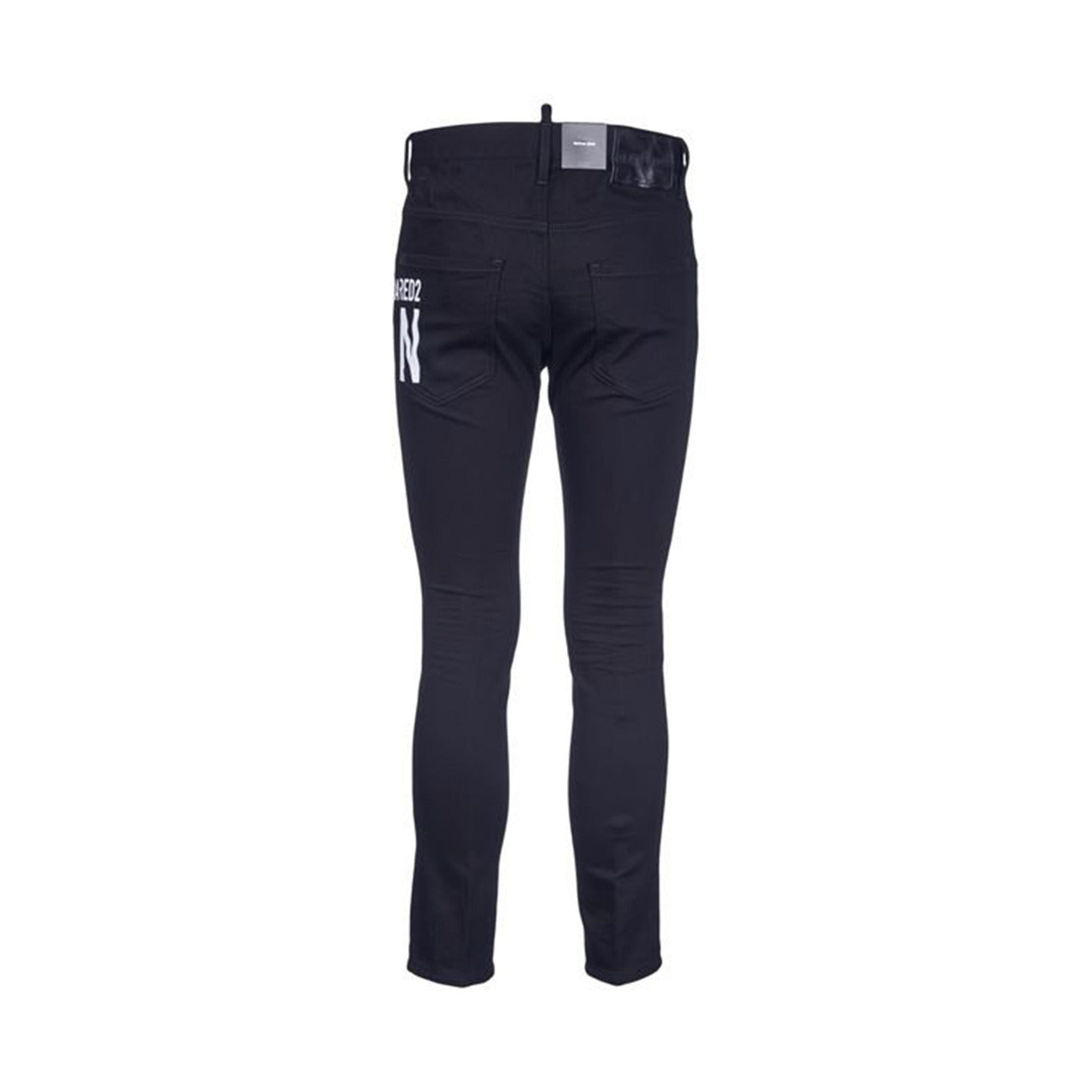 Side view of the black Dsquared jeans highlighting the logo print and slim fit on a white background.