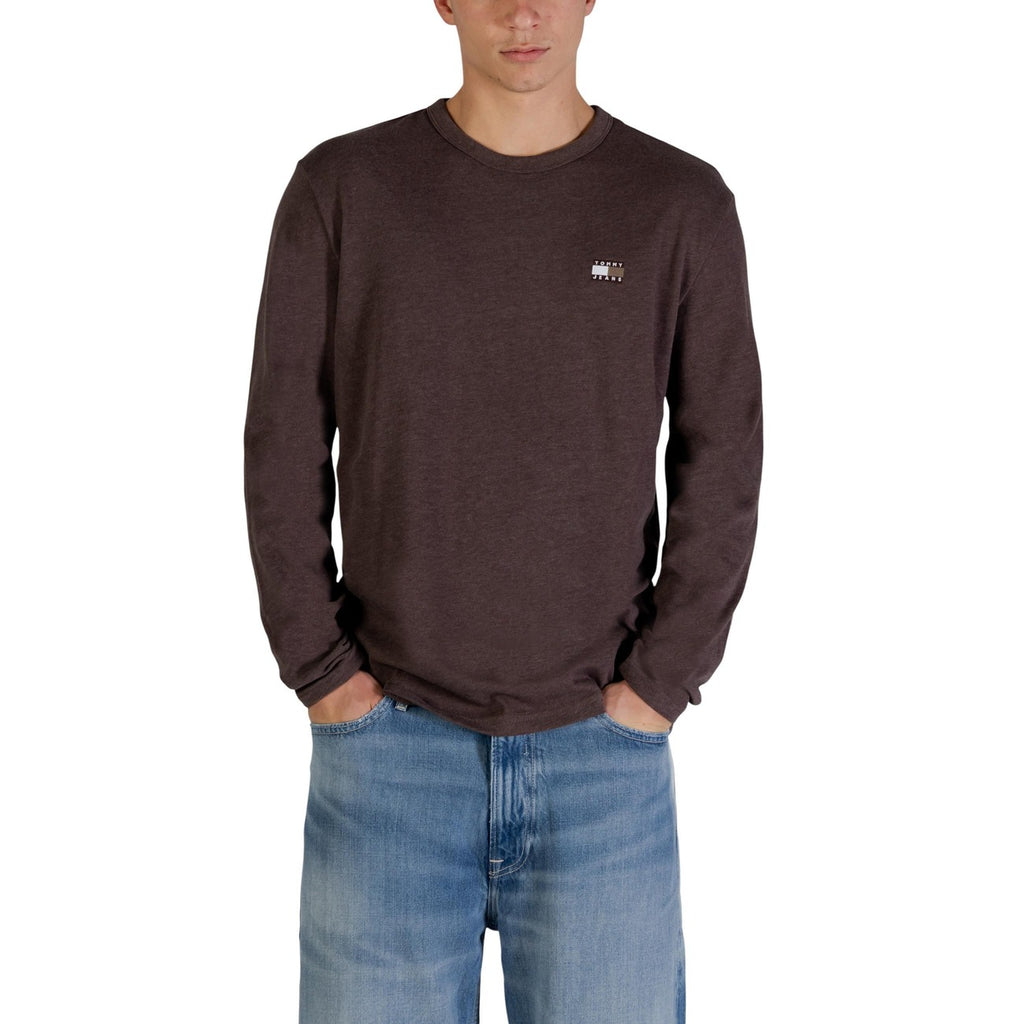 Tommy Hilfiger Jeans Men Knitwear Organic Cotton Brown – front view, round neck, long sleeves
