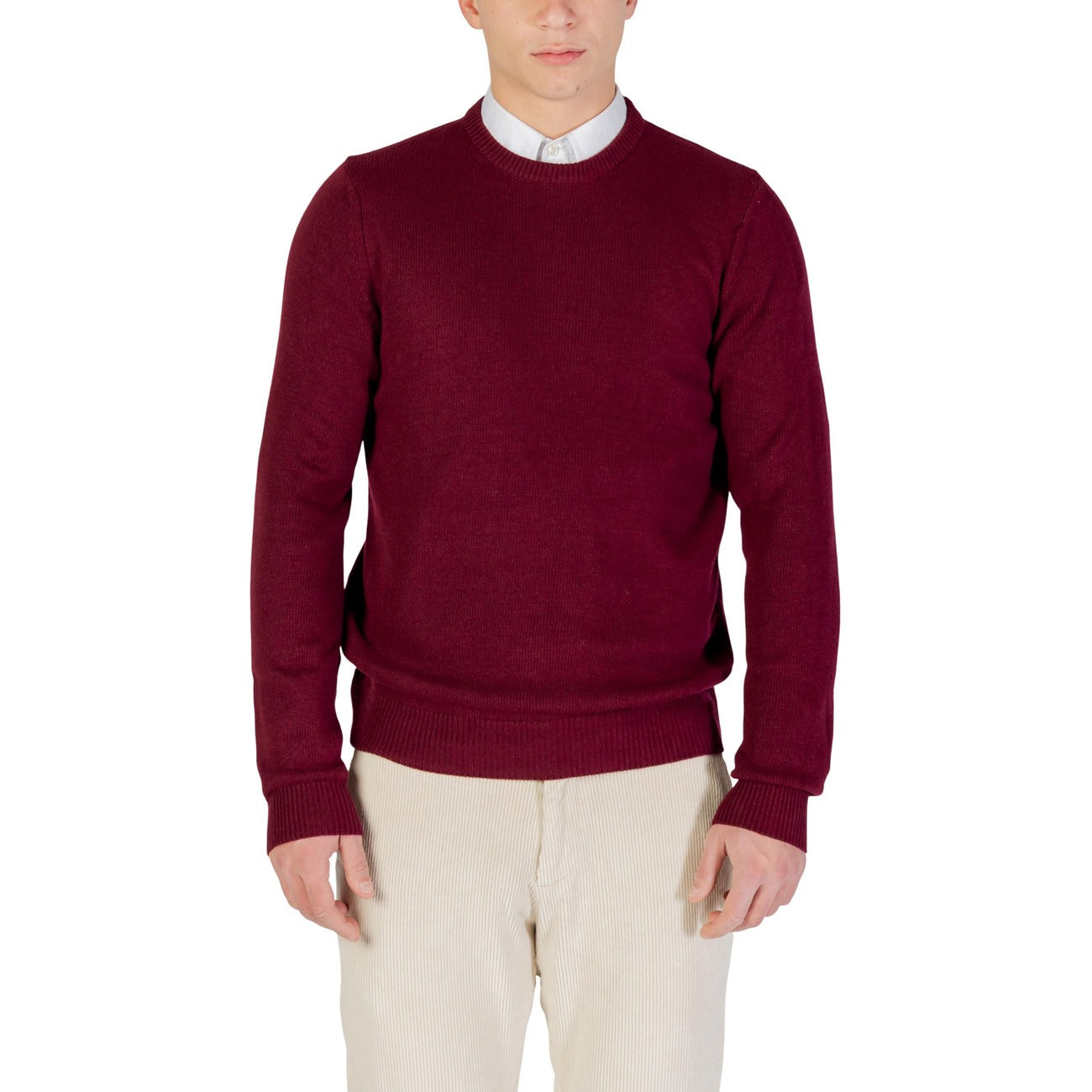 Yos Men Knitwear Cashmere Wool Viscose Bordeaux – front view, round neck, long sleeves