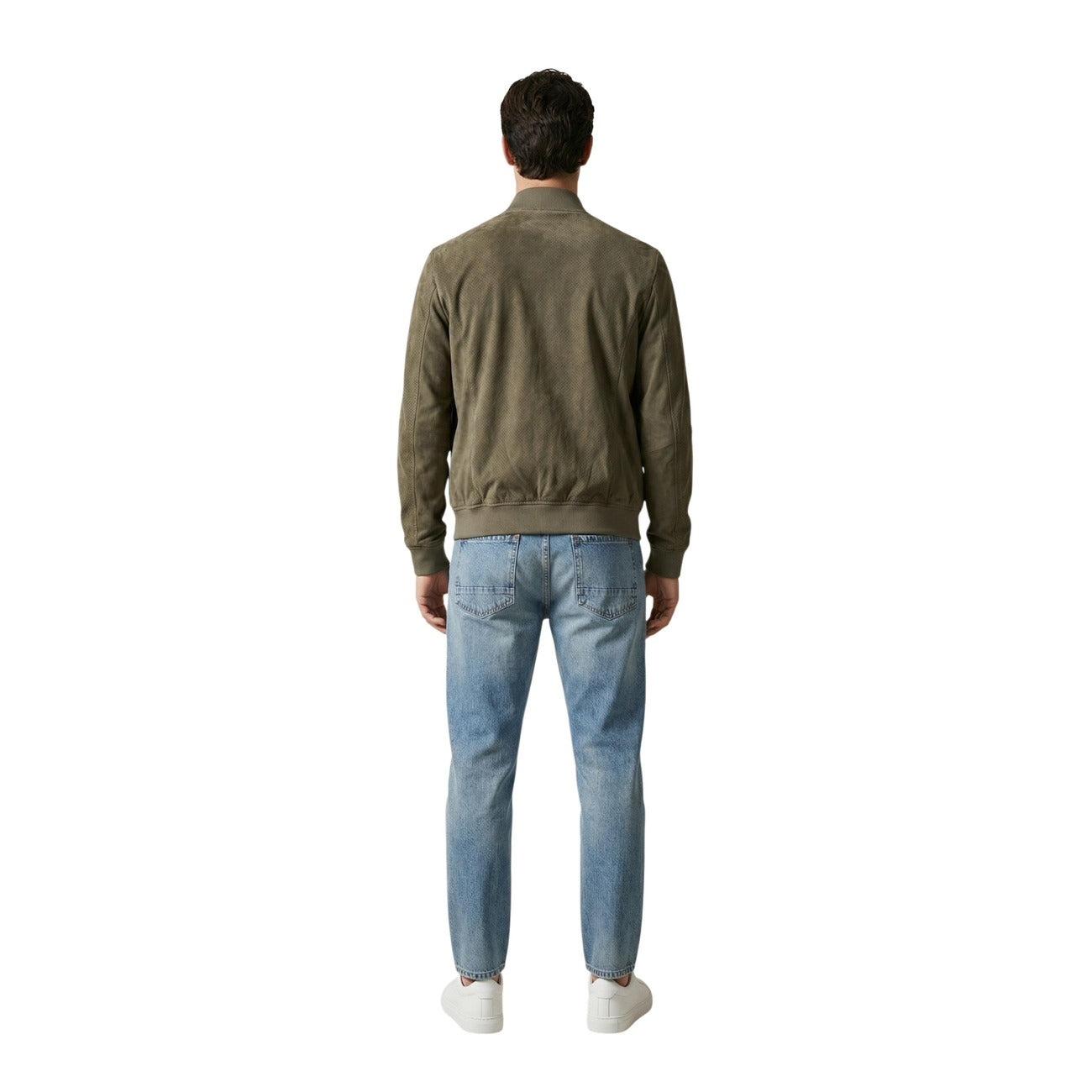 Back view of a man in a green Yos jacket showcasing its simple design on a white background.