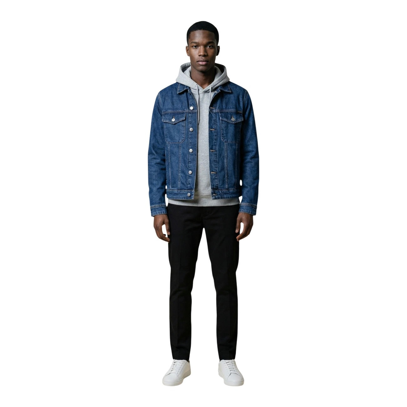 Front view of a blue denim jacket featuring button closure on a white background