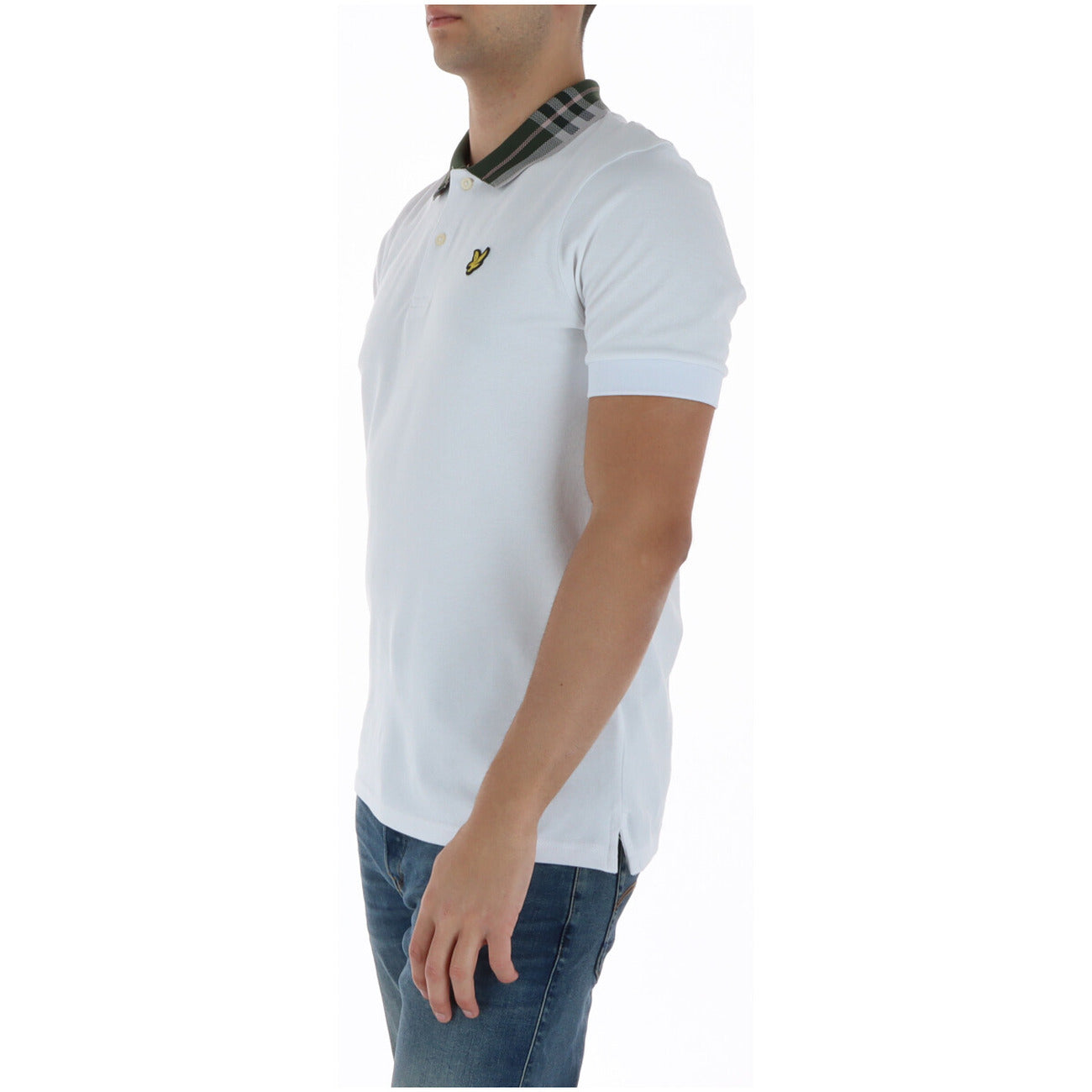 Side view of the white polo shirt showcasing the logo on the chest and collared style.