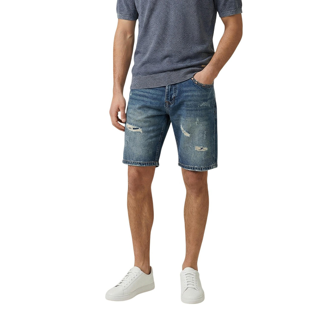 Gianni Lupo Men's Ripped Cotton Shorts Blue – front view, ripped and worn out effect, zip and button fastening