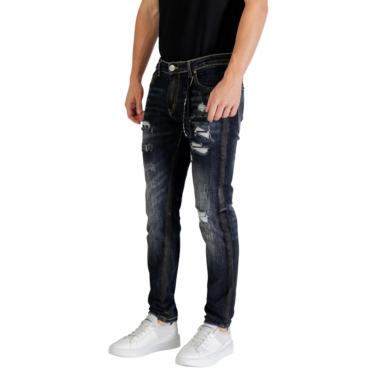 Side view of the blue distressed jeans highlighting ripped details and a slim fit on a white background.