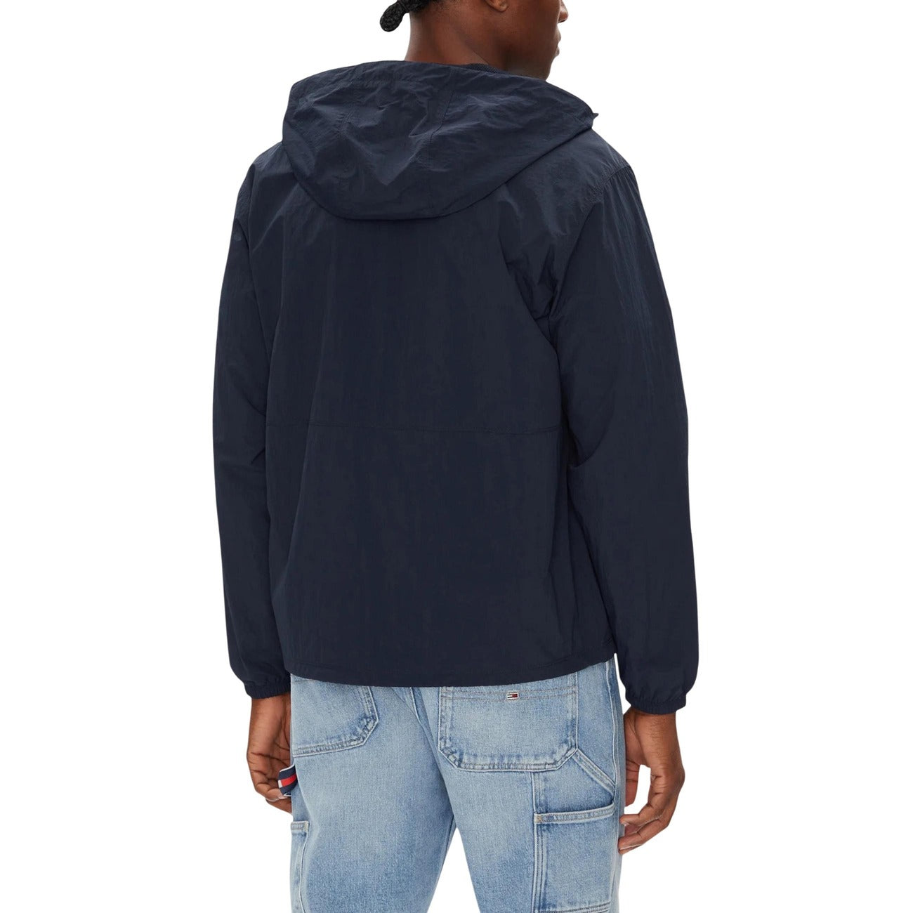 Back view of a navy hooded blazer with adjustable drawstring.