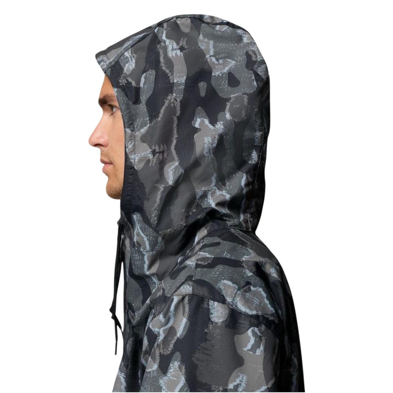 Side view of a men's black camouflage blazer with a hood on a white background.