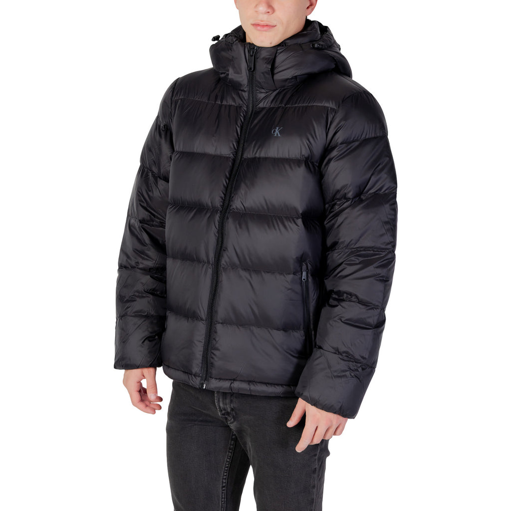 Side view of the black puffer jacket with a hood and zipper closure on a white background.
