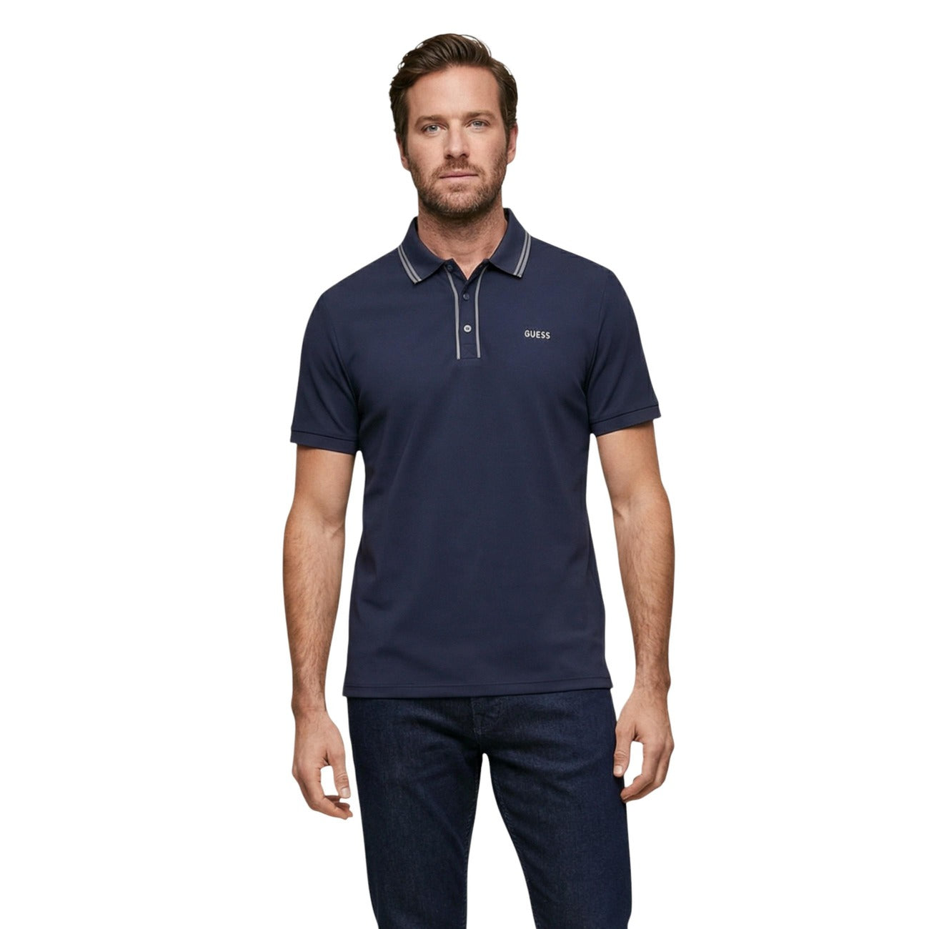 Front view of the navy polo shirt with short sleeves and logo on chest against a white background.