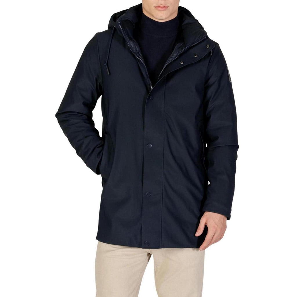 Front view of the navy jacket featuring a hood and zipper closure against a white background.