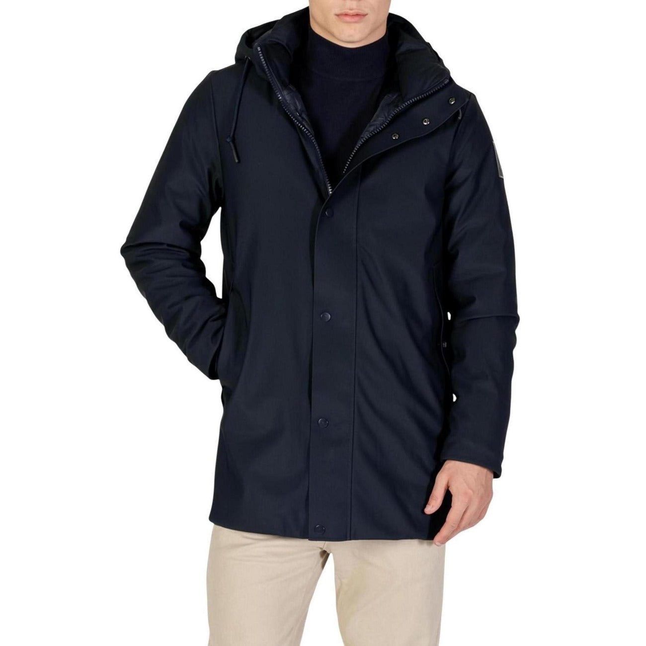 Front view of the navy jacket featuring a hood and zipper closure against a white background.