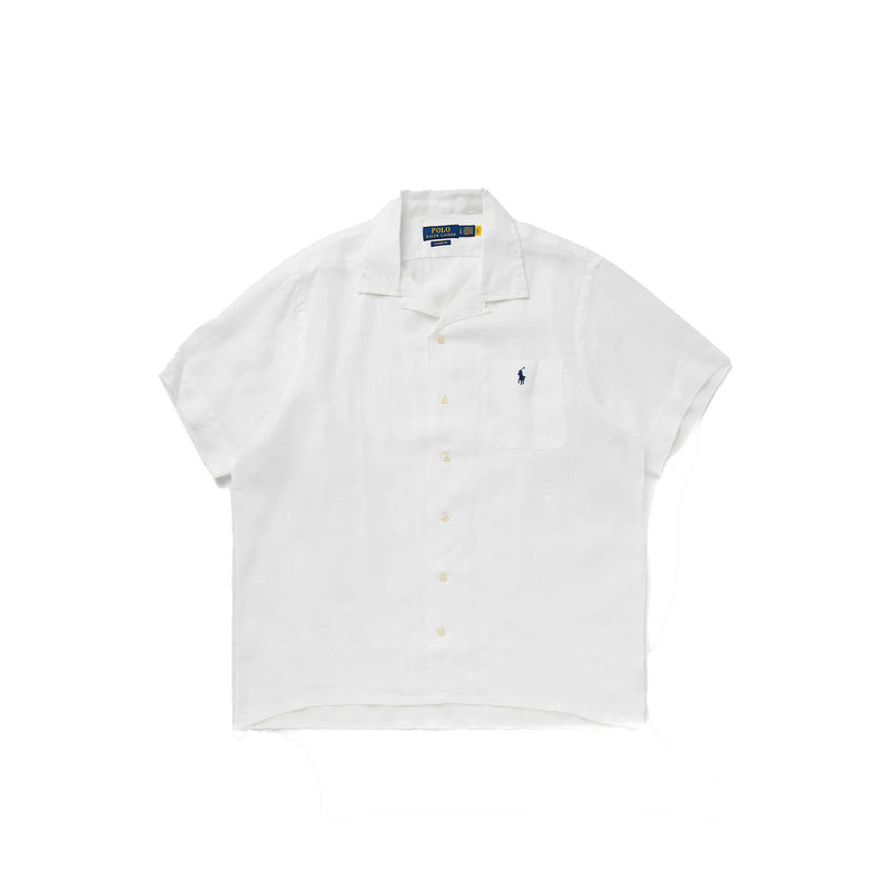 Front view of the white polo shirt featuring a collar and short sleeves against a white background.