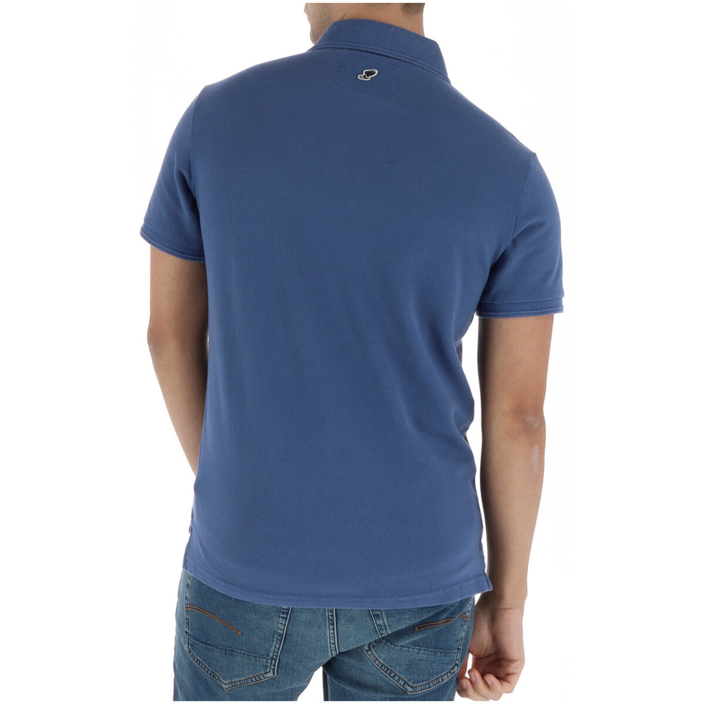 Back view of the blue polo shirt showcasing short sleeves and a collar on a white background