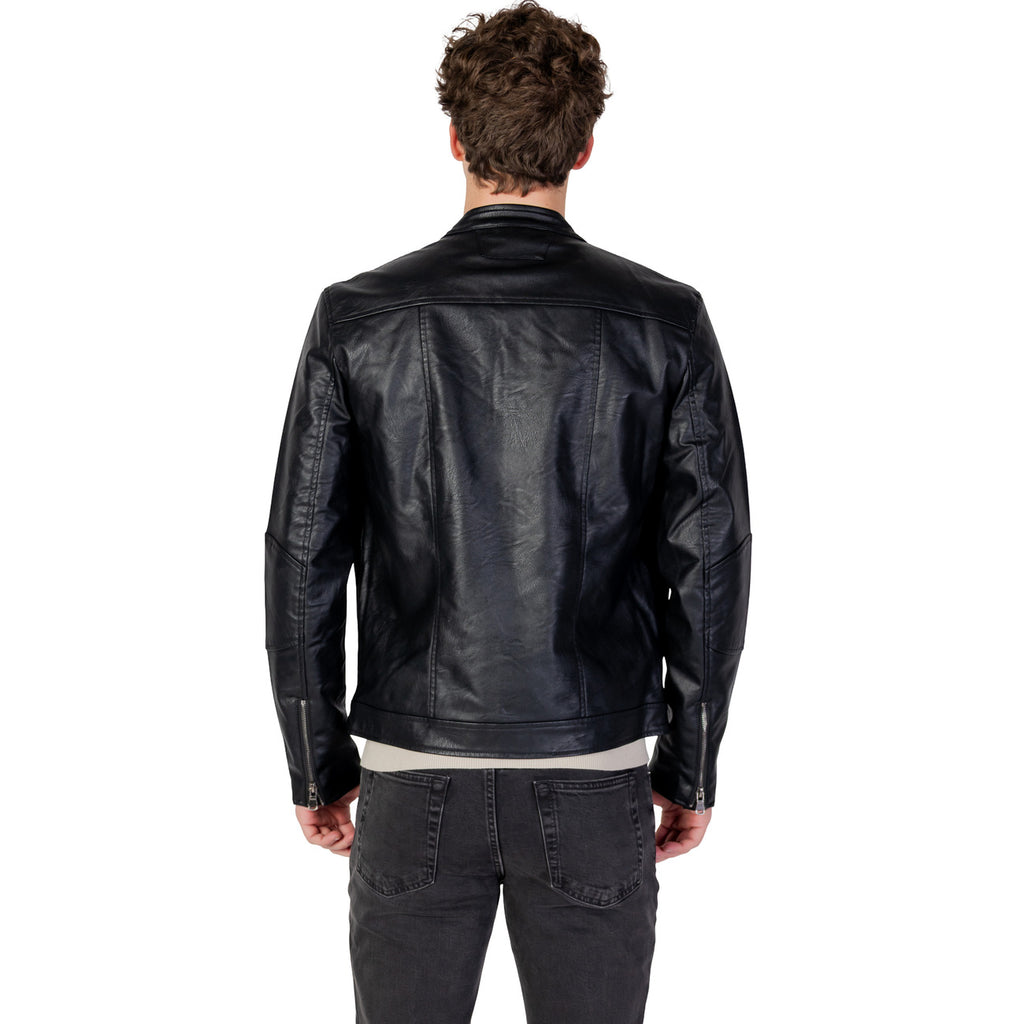 Back view of the black blazer showcasing the collar and long sleeves on a white background.