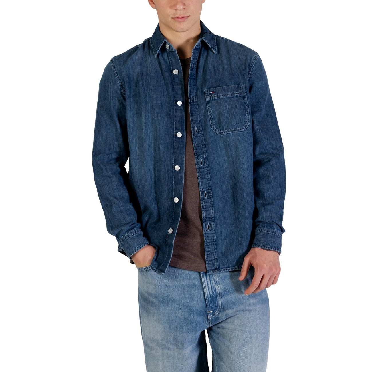 Tommy Hilfiger Jeans Men Shirt 100% Organic Cotton Blue – front view, round neck, classic collar, long sleeves