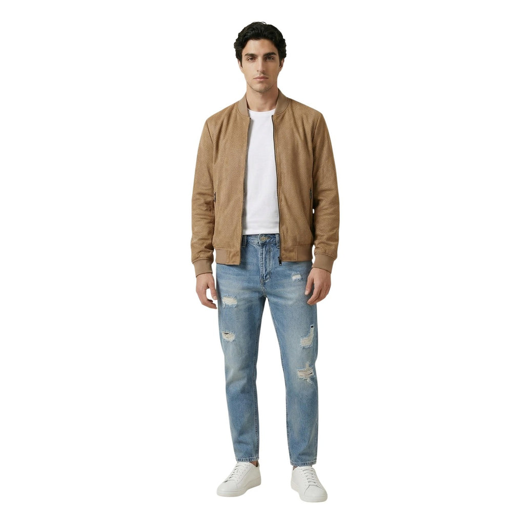 Lifestyle shot of the tan bomber jacket styled casually with jeans, highlighting its relaxed fit and color.