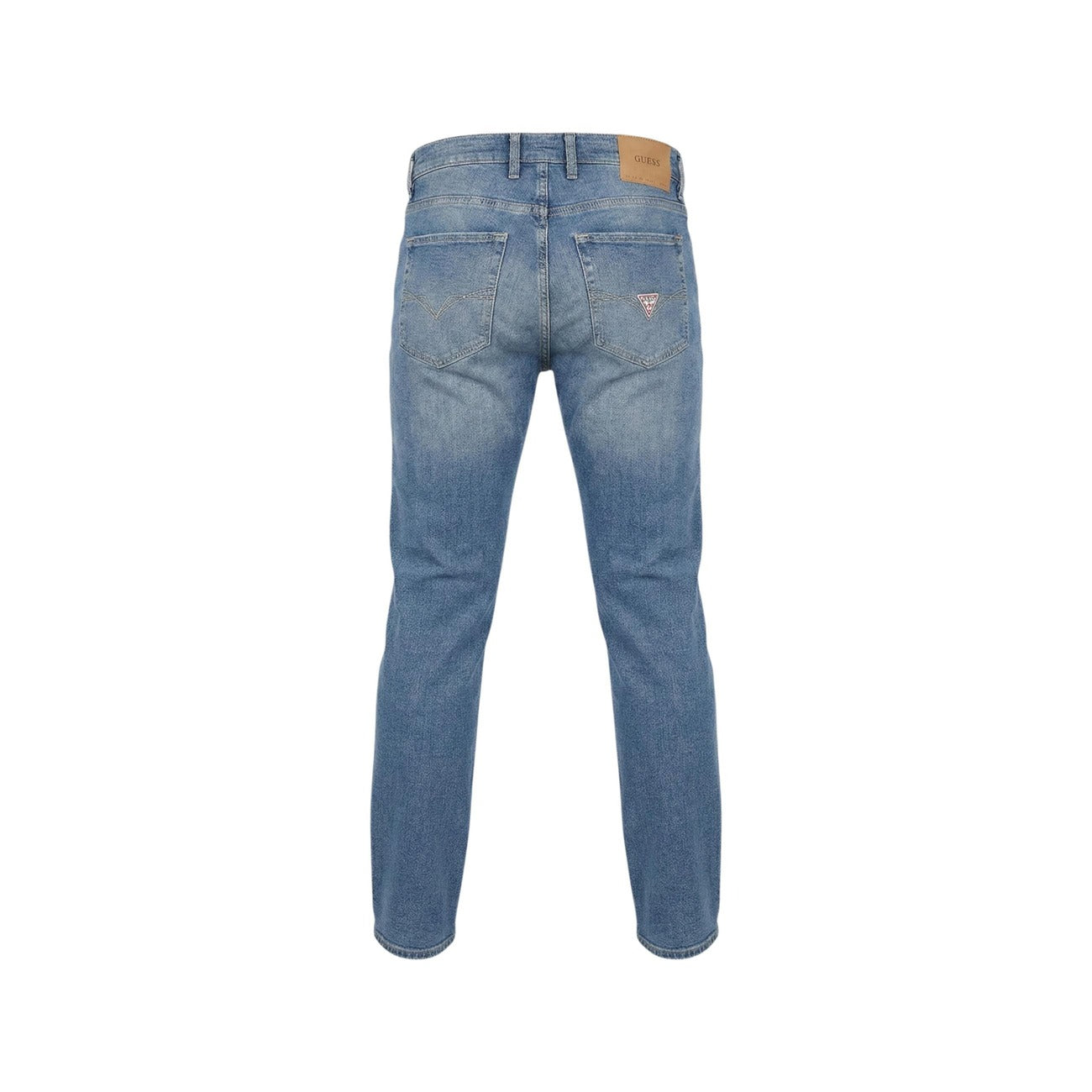 Back view of light blue skinny fit jeans featuring a brand patch on a white background