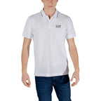 Front view of the white polo shirt featuring a collar and short sleeves.