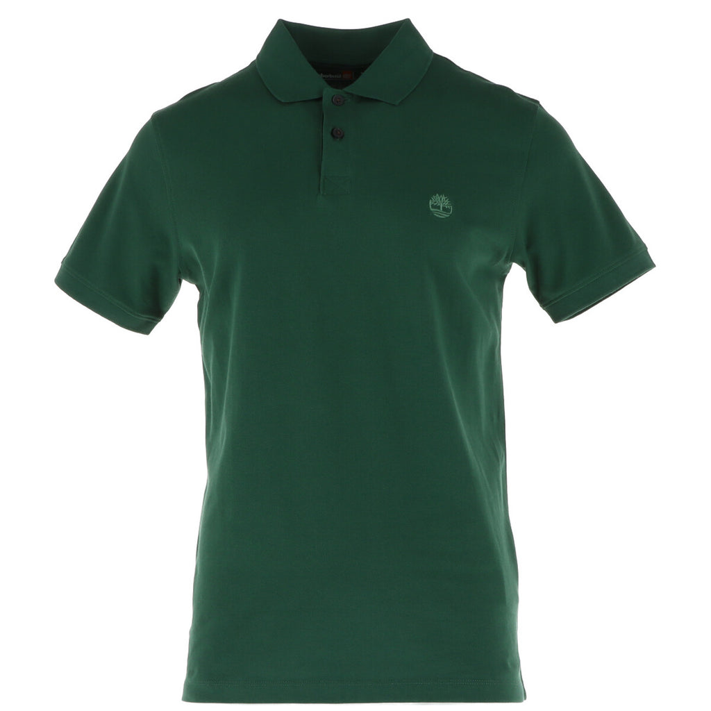 Front view of the green polo shirt featuring a collar and short sleeves on a white background.
