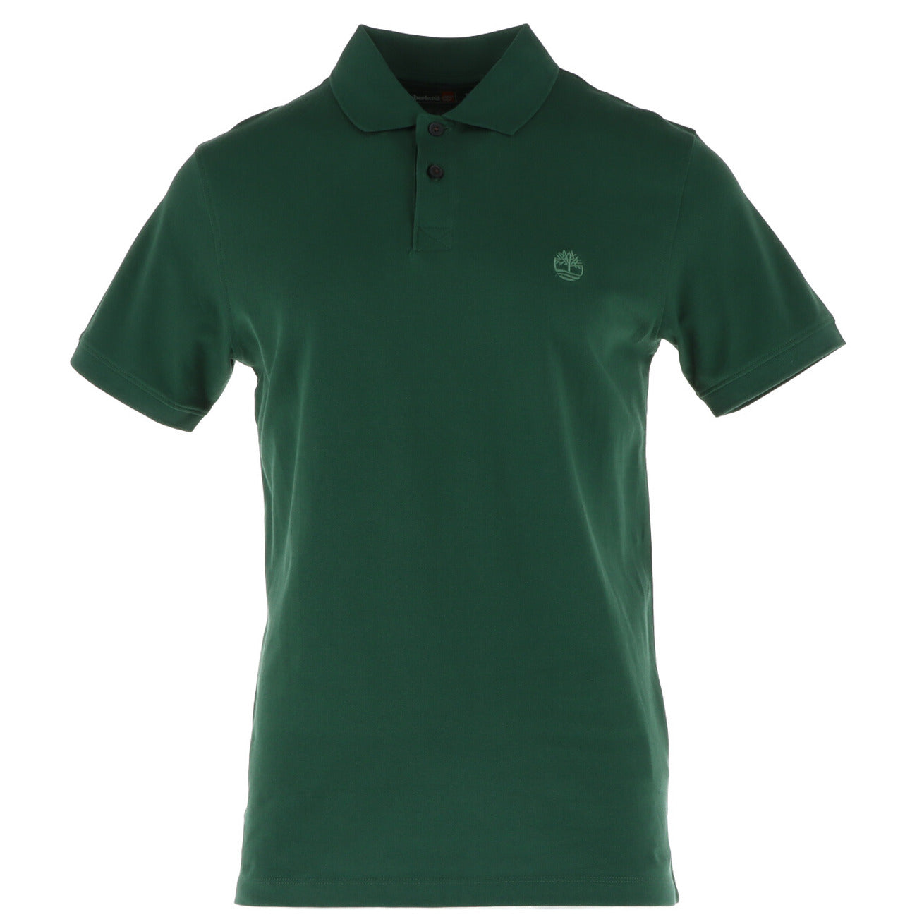 Front view of the green polo shirt featuring a collar and short sleeves on a white background.