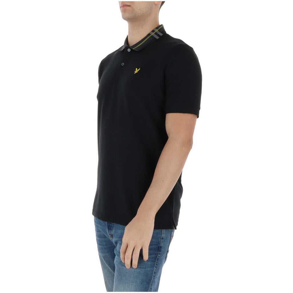 Side view of the black polo shirt with a collar, short sleeves, and logo on a white background.