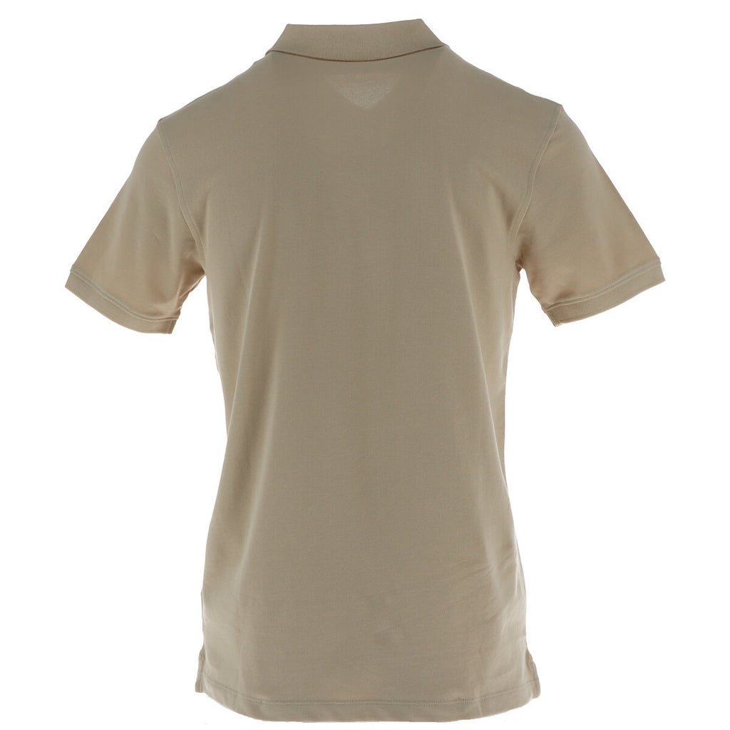Back view of the beige polo shirt showcasing the collar and short sleeves on a white background.