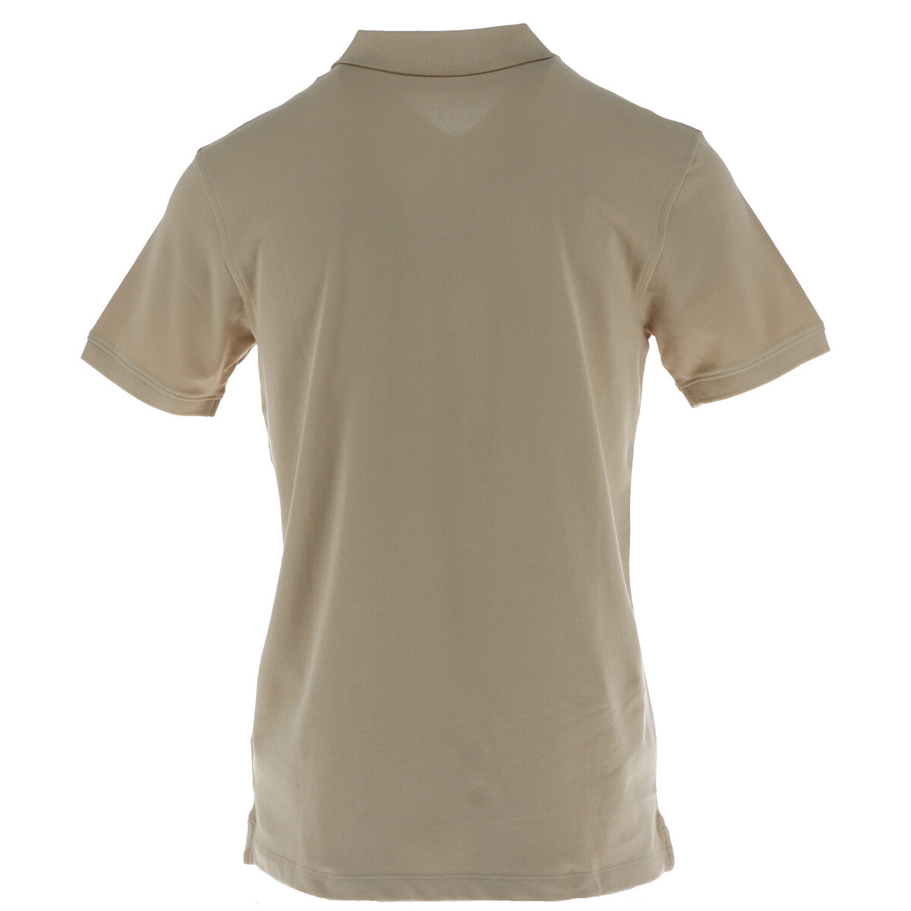 Back view of the beige polo shirt showcasing the collar and short sleeves on a white background.