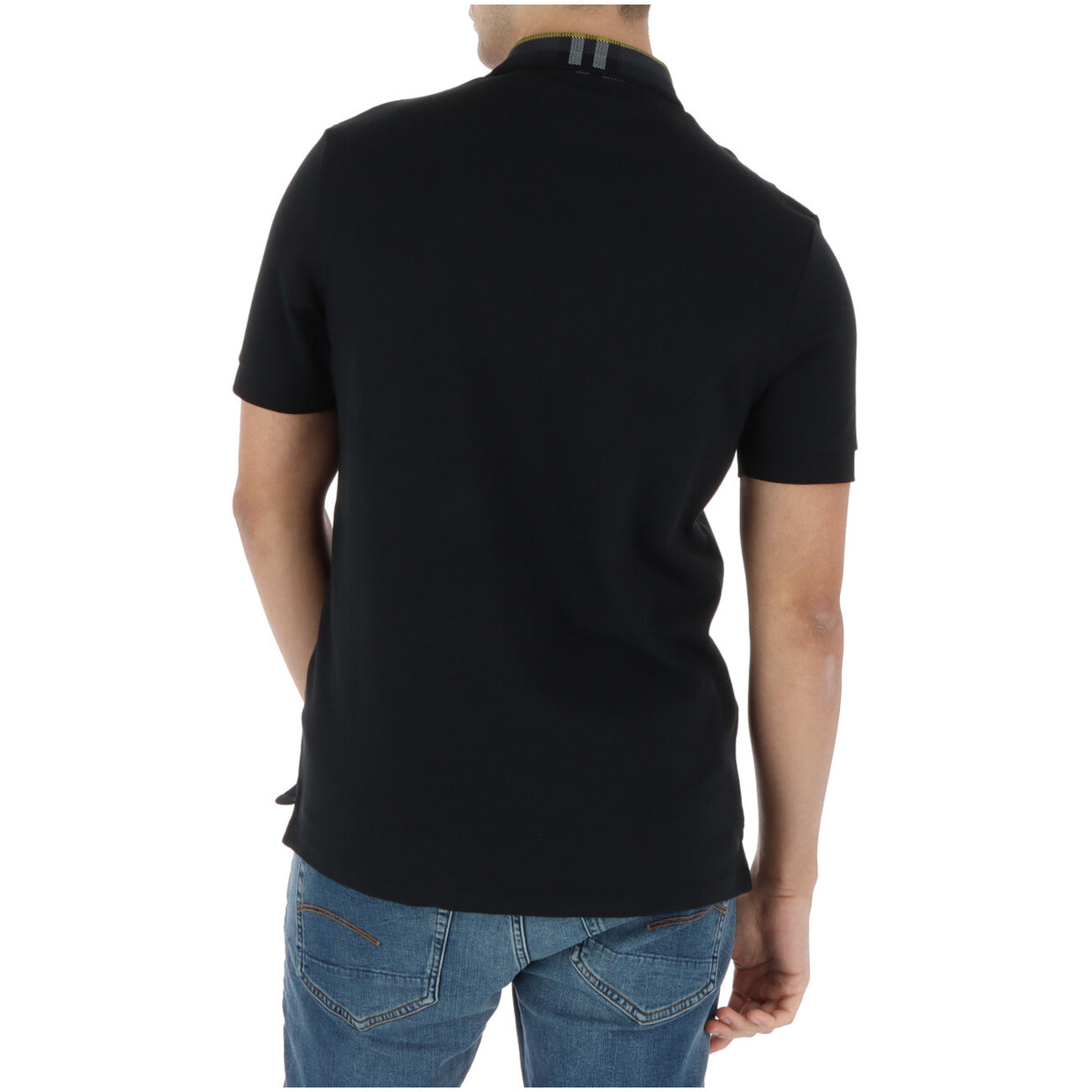 Back view of the black polo shirt showcasing the collar and short sleeves on a white background.