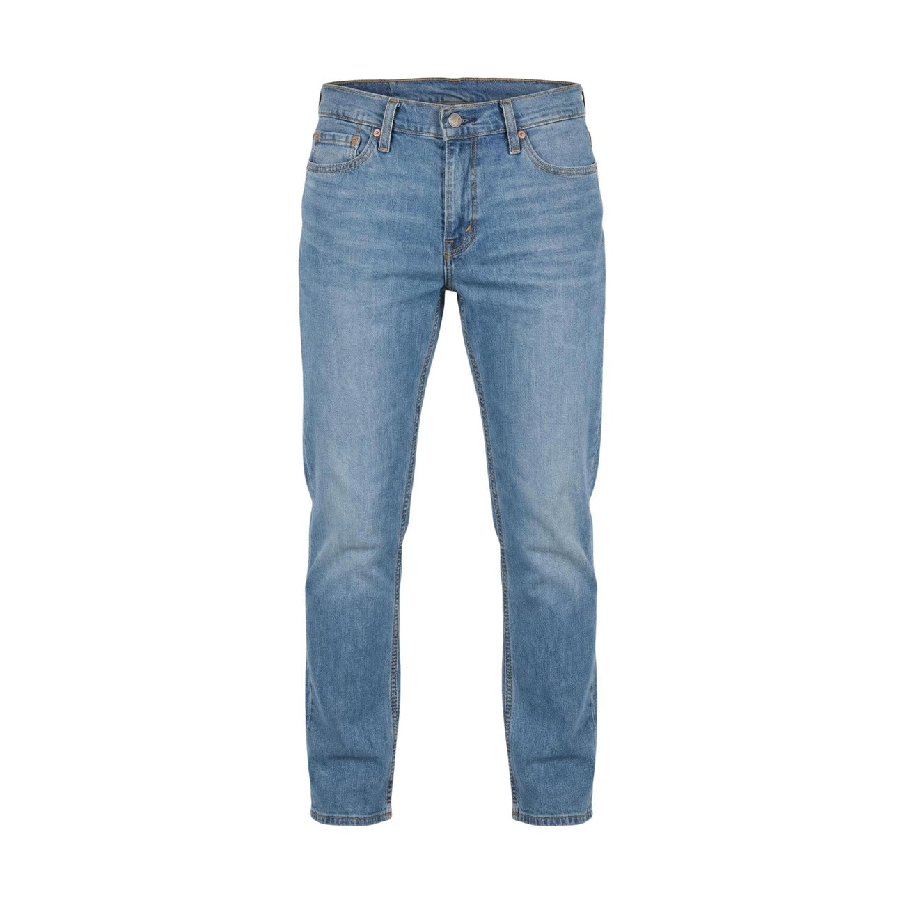 Detail close-up of blue denim jeans with button closure on a white background