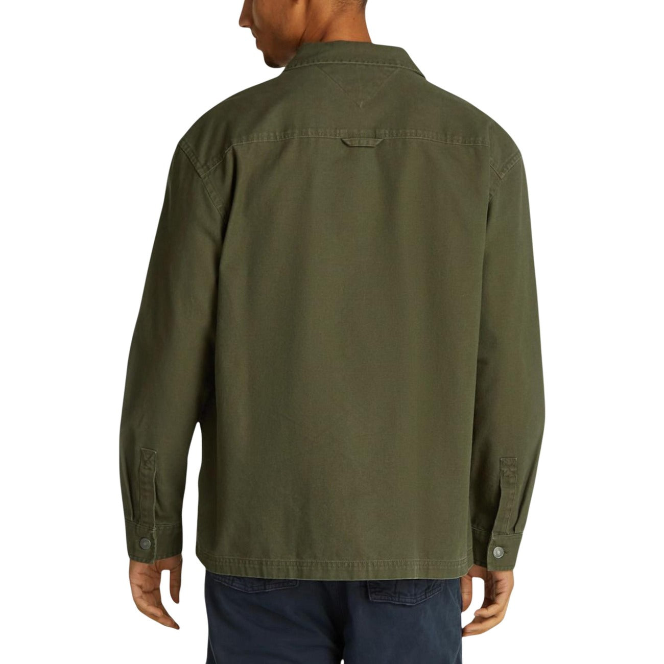 Back view of a green blazer featuring a classic collar and long sleeves on a white background.