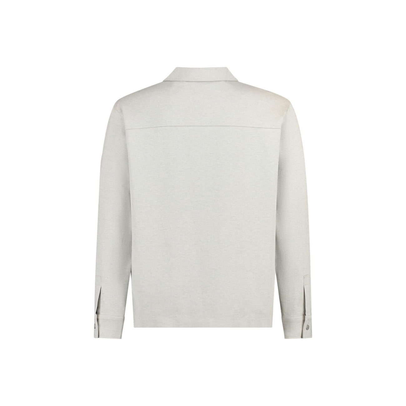 Back view of the light gray Boss polo jacket with no visible closure on a white background