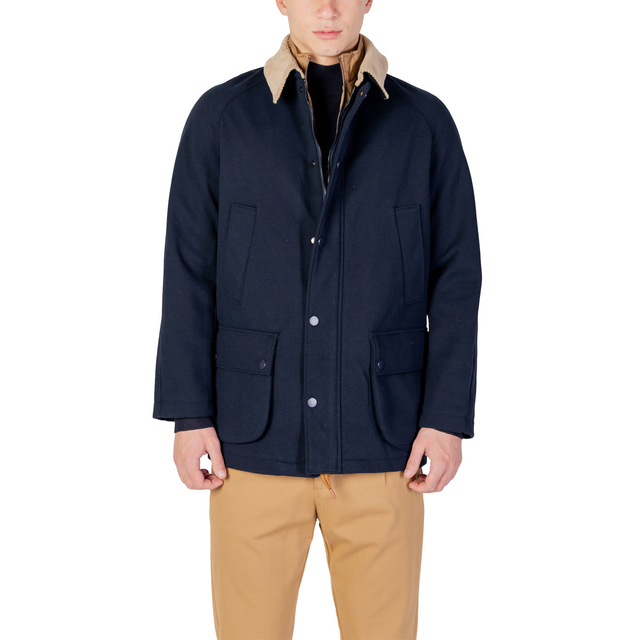 Front view of the navy blazer featuring button closure and pockets on a white background