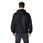 Back view of the black hooded jacket showcasing the hood and pockets on a white background.