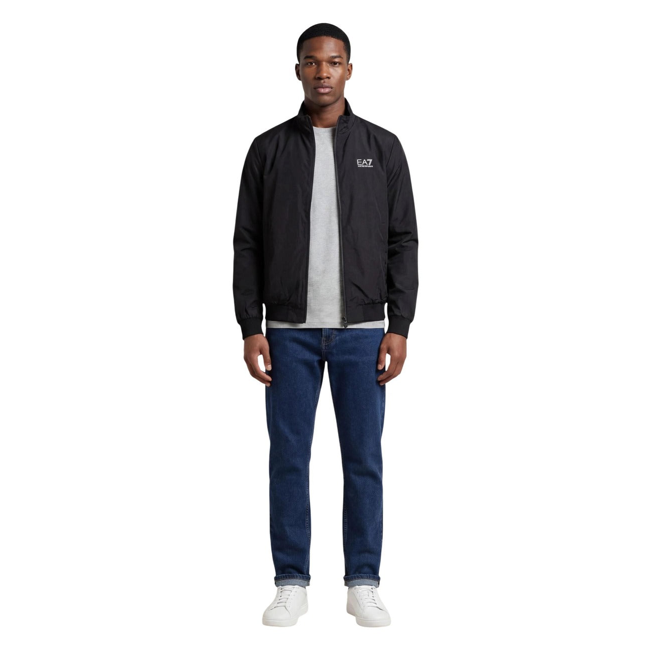 Side view of the black Ea7 blazer highlighting the zipper closure and logo on the chest.