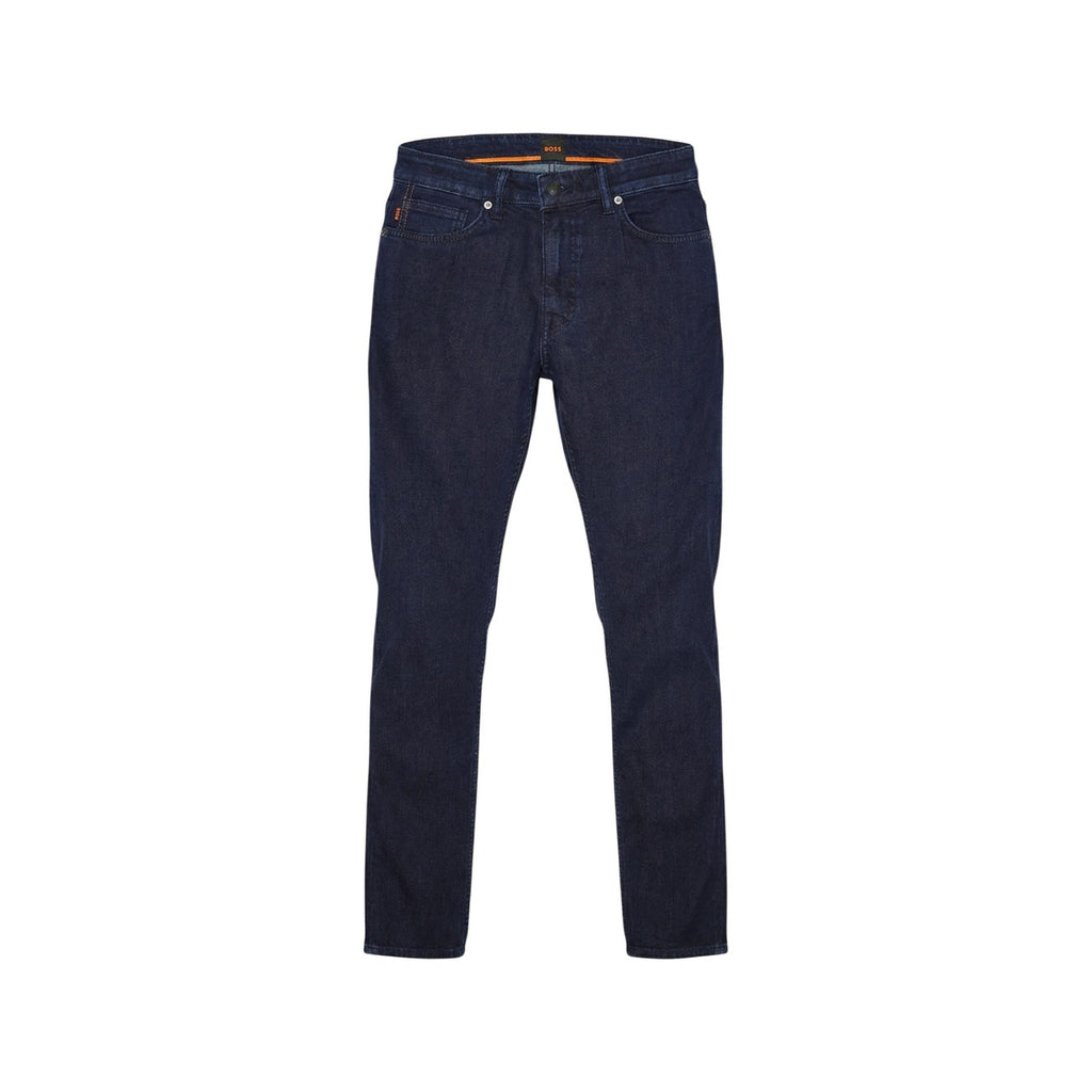 Front view of navy blue jeans featuring a slim fit and five pockets on a white background