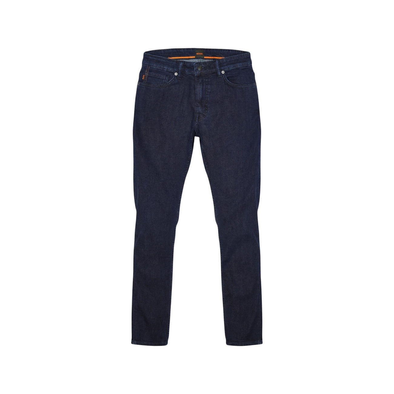 Front view of navy blue jeans featuring a slim fit and five pockets on a white background