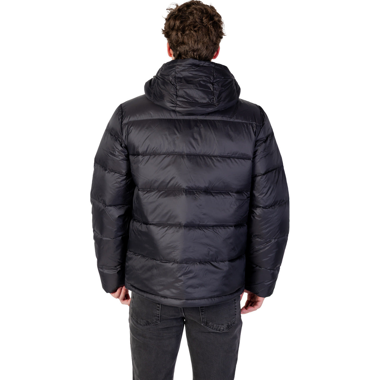 Back view of the black puffer jacket showcasing the hood on a white background.