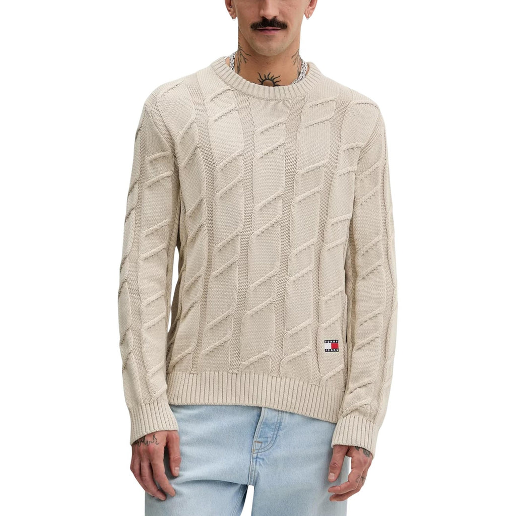 Tommy Hilfiger Jeans Men Knitwear 100% Organic Cotton Beige – front view, round neck, long sleeves