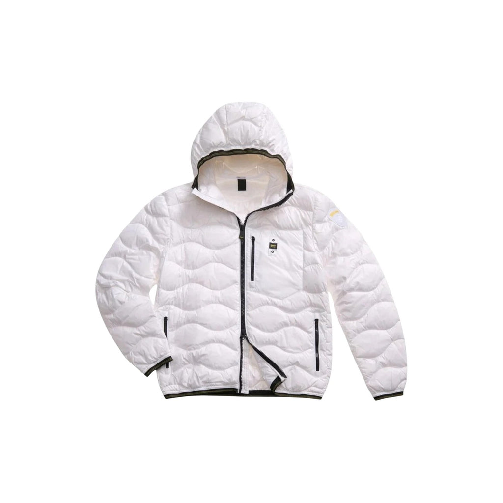 Lifestyle shot of the white puffer jacket with a zipper closure and hood against a white background.