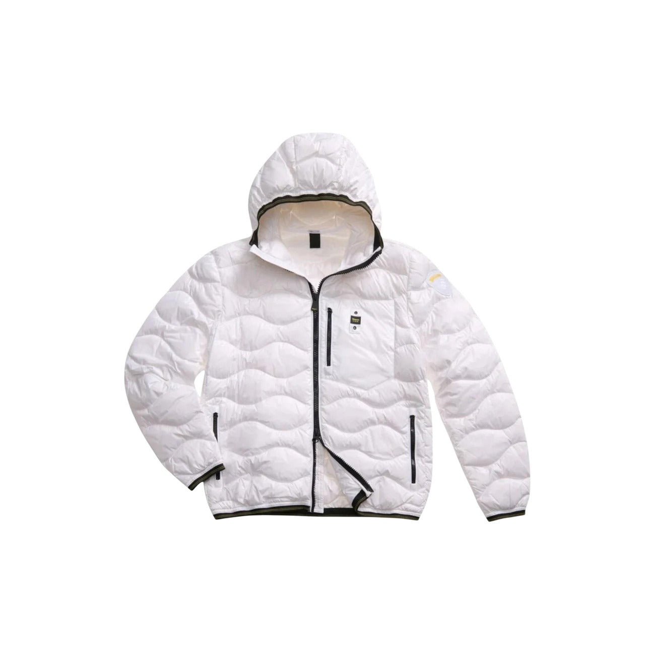 Lifestyle shot of the white puffer jacket with a zipper closure and hood against a white background.