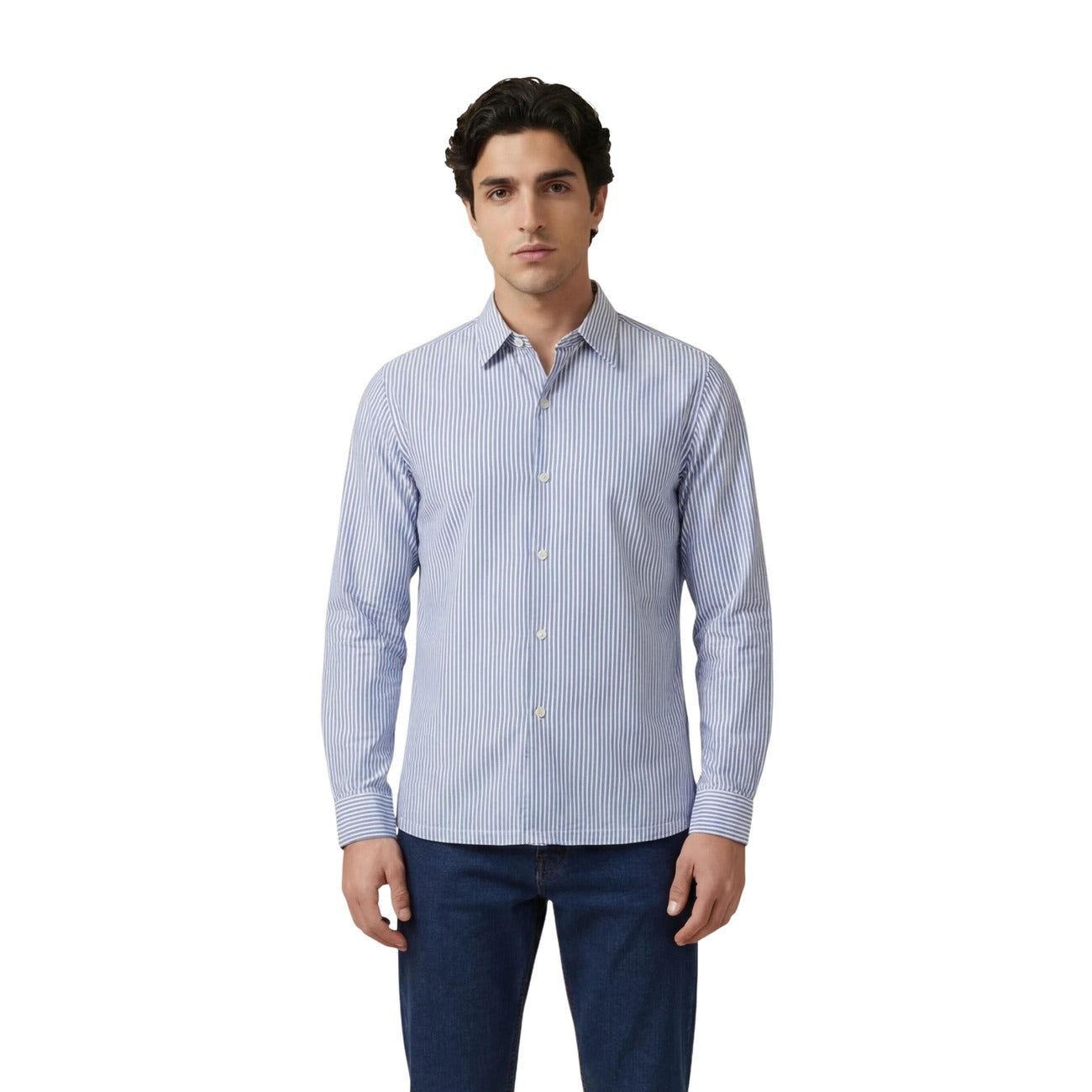 Only & Sons Men Shirt 100% Cotton Light Blue – front view, striped pattern, round neck, classic collar, long sleeves