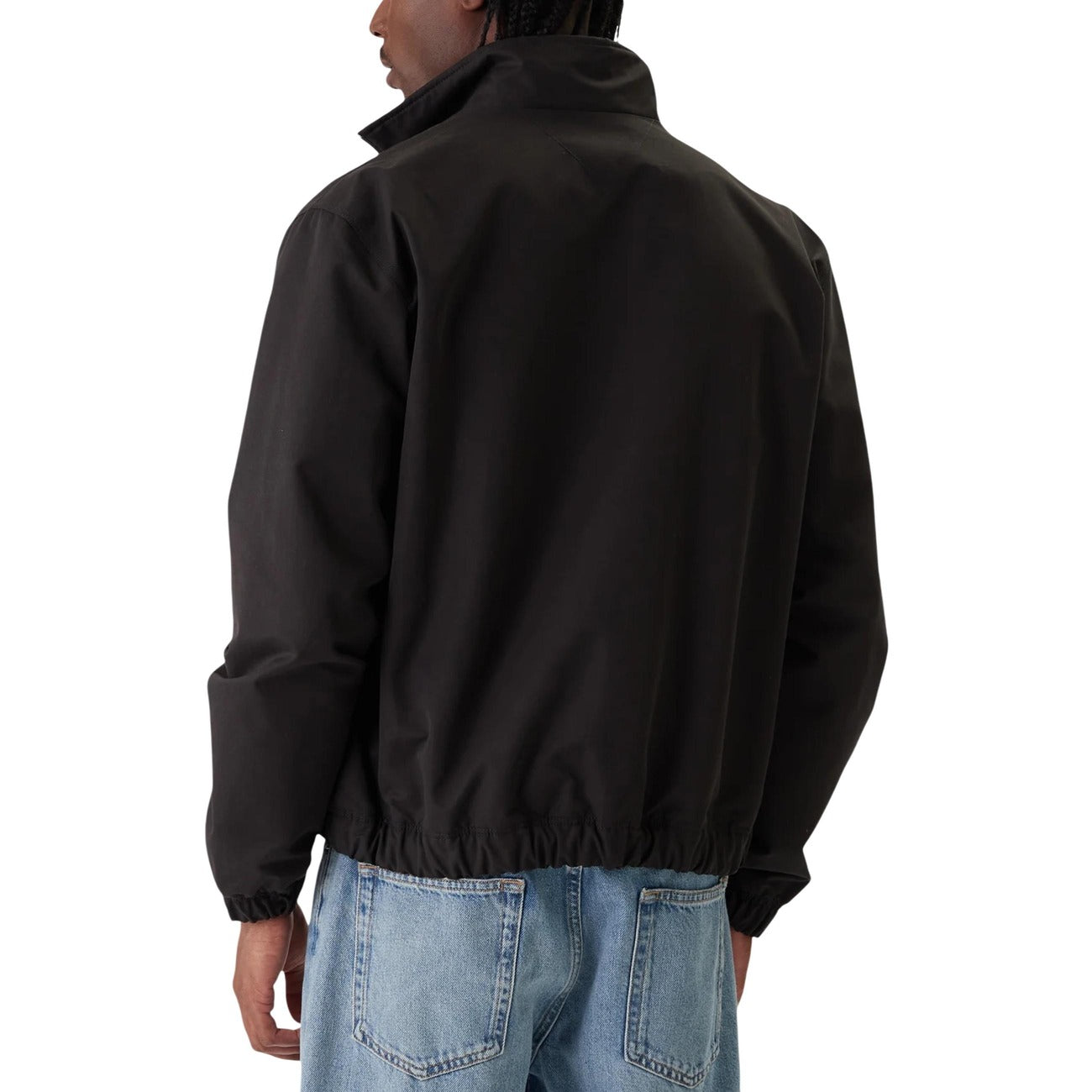 Back view of the black blazer highlighting the collar and logo patch on a white background