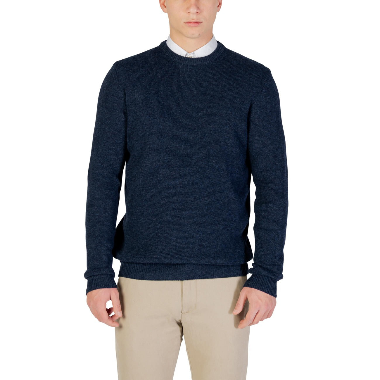 Yos Men Knitwear Cashmere Wool Viscose Blue – front view, round neck, long sleeves