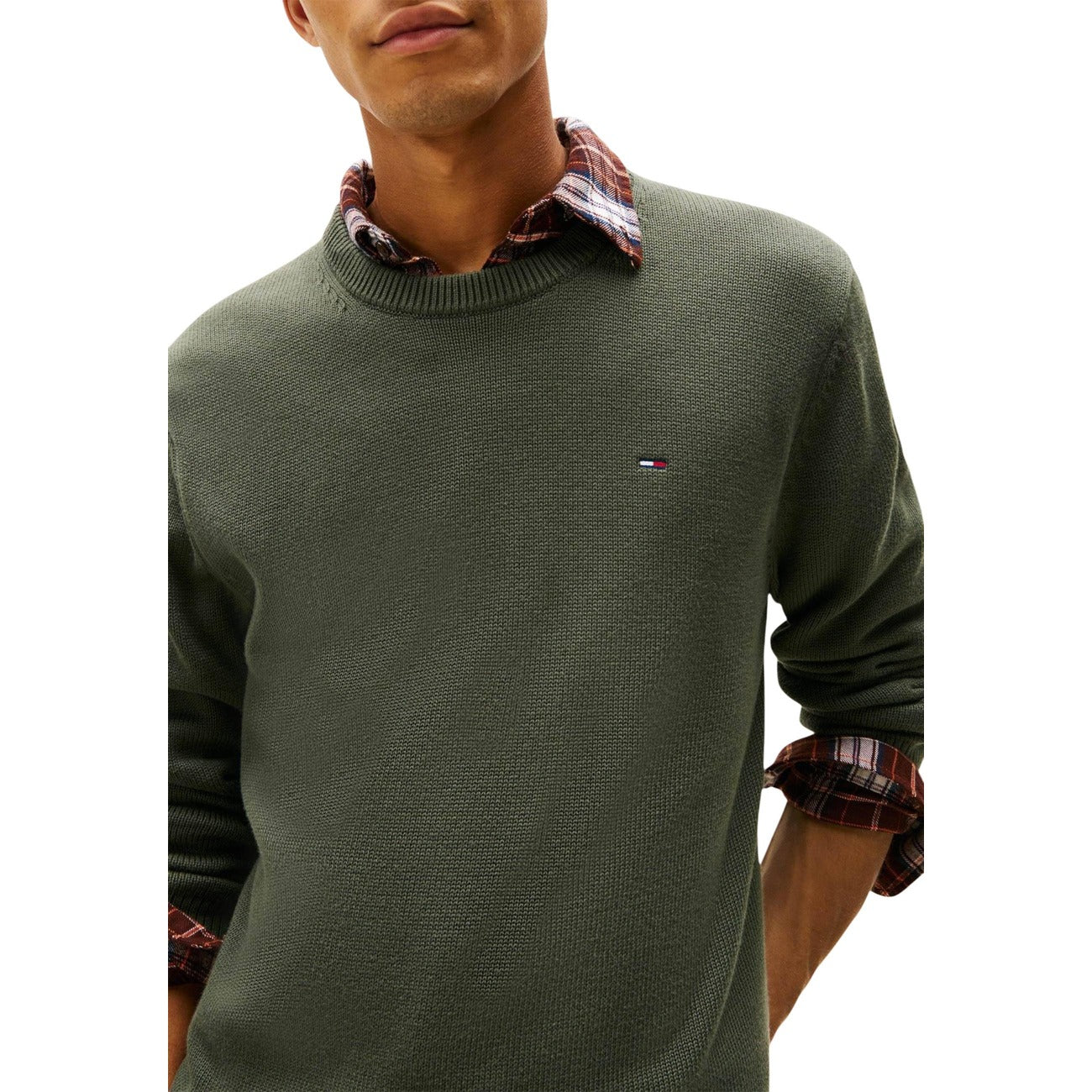 Tommy Hilfiger Jeans Men Knitwear 100% Organic Cotton Green – front view, round neck, long sleeves