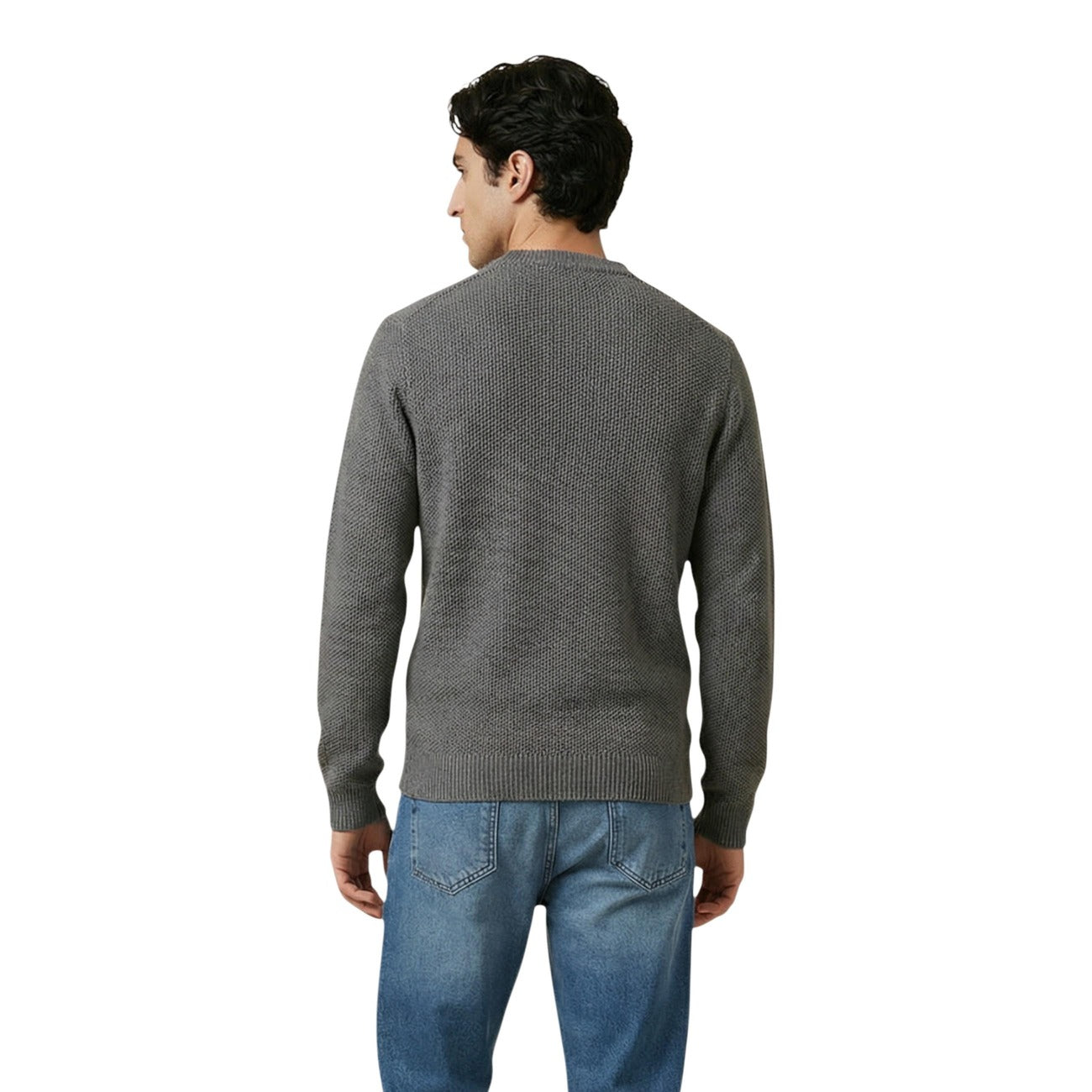 Back view of a gray sweater with long sleeves and crew neck displayed against a white background.