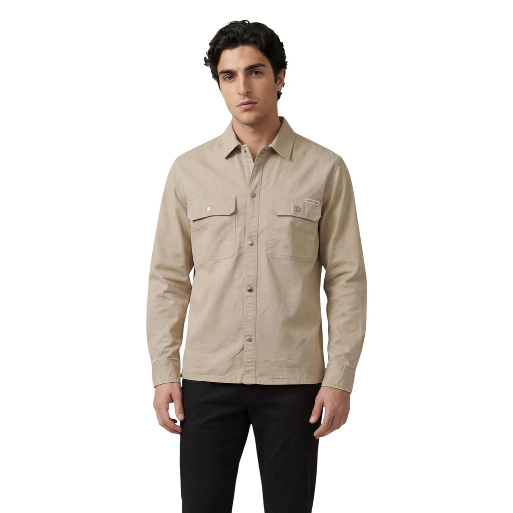 Calvin Klein Jeans Men Shirt Cotton Beige – front view, round neck, classic collar, long sleeves