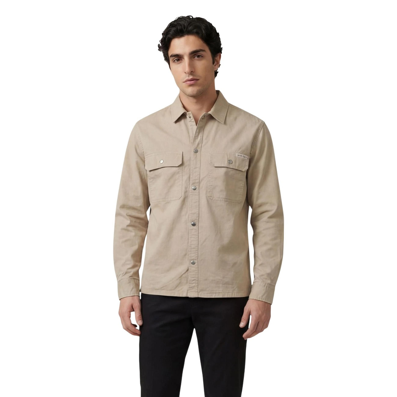 Calvin Klein Jeans Men Shirt Cotton Beige – front view, round neck, classic collar, long sleeves